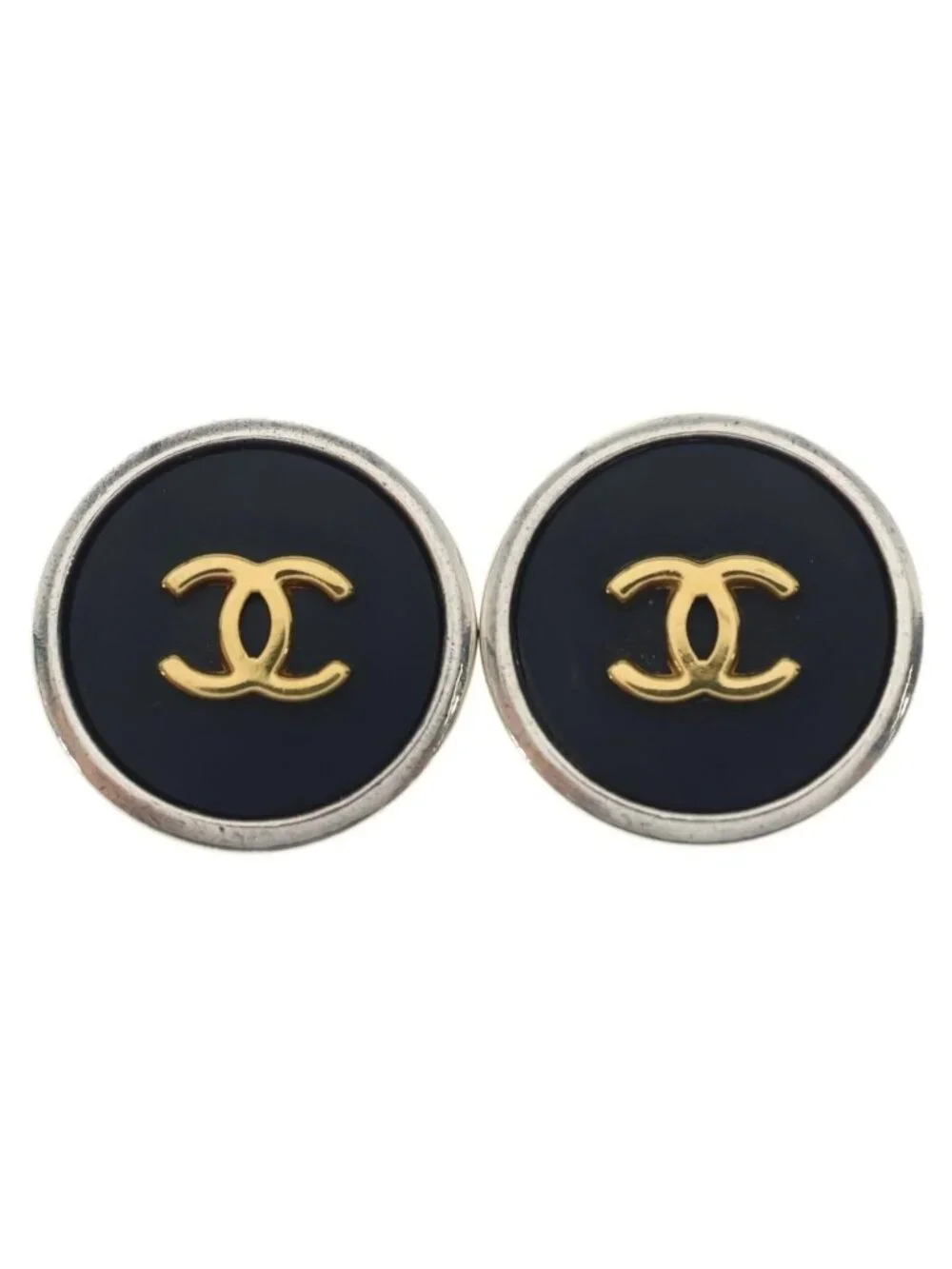 Chanel CC Logo Round Earrings Silver Gold 96P